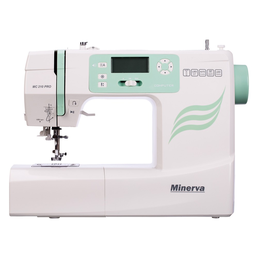 Masina de cusut digitala Minerva MC210PRO, 197 programe, 800 imp/min, 70W, Alb/Verde